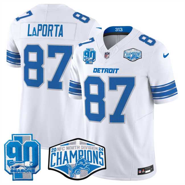 Men%27s Detroit Lions #87 Sam LaPorta White 2024 NFC North Champions 90th Anniversary Patch F.U.S.E. Vapor Limited Stitched Jersey->detroit lions->NFL Jersey